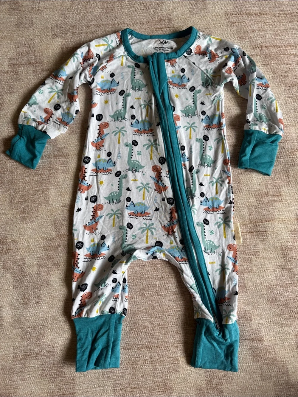 Little Peanut Baby One-Piece Zip Up Pajamas with Teal Trim and Dinosaur Print